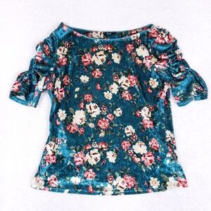 ELA Velvet Floral Top Ruched Sleeve Size Unknown Teal Romantic 90s Revival